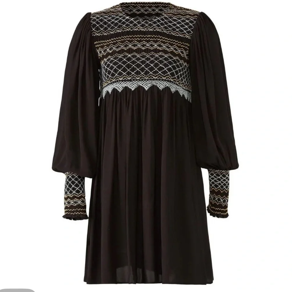 Free people late night picnic smocked long sleeve embroidered dress - Picture 4 of 13